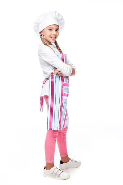 Schoolchild Costume Chef Standing Crossed Arms Isolated White — Stock Photo, Image