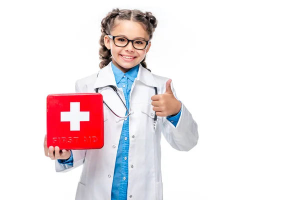 Estudante Traje Médico Segurando Kit Primeiros Socorros Mostrando Polegar Para — Fotografia de Stock