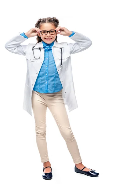 Schoolchild Costume Doctor Posing Isolated White — Stock Photo, Image