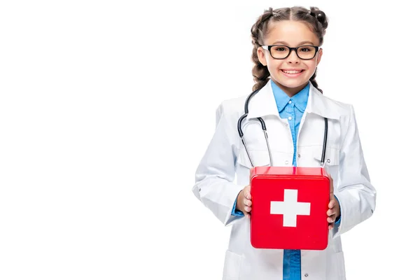 Skolbarn Kostym Läkare Håller Förbandslåda Isolerad Vit — Stockfoto
