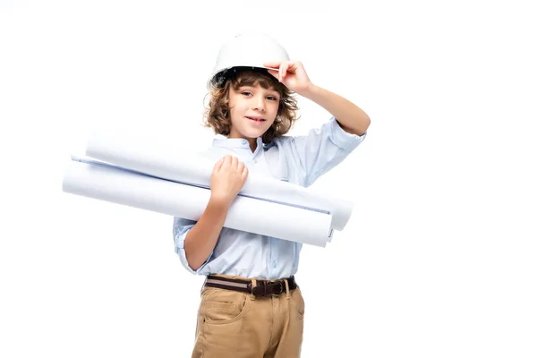 Schüler Architektenkostüm Und Helm Mit Bauplänen Auf Weißem Grund — Stockfoto