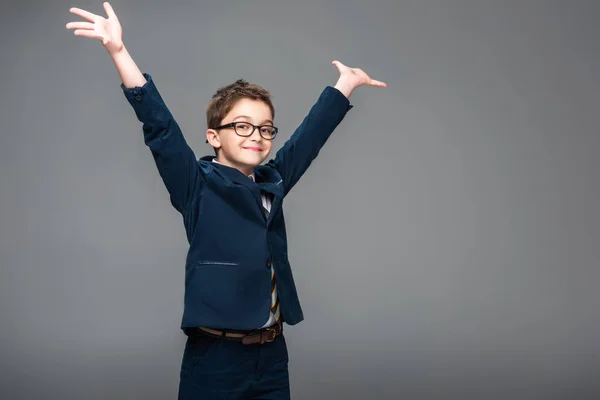 Schoolboy Businessman Costume Standing Raised Hands Isolated Grey — Stock Photo, Image