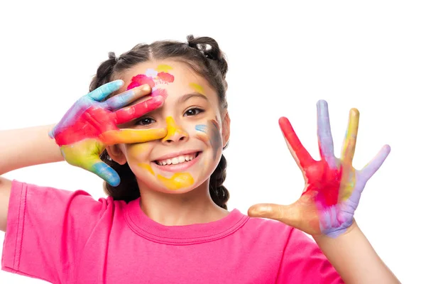 Glückliches Schulkind Zeigt Bemalte Hände Isoliert Auf Weiß — Stockfoto