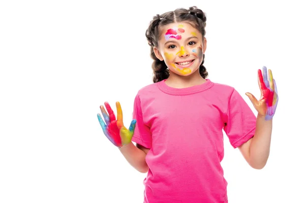 Sonriente Escolar Mostrando Las Manos Pintadas Aisladas Blanco — Foto de Stock