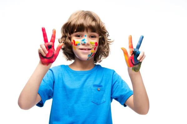 Schooljongen Tonen Geschilderd Vingers Geïsoleerd Wit — Stockfoto