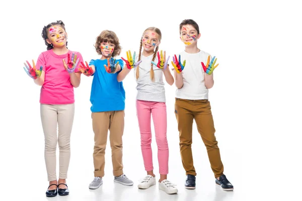 Amigos Mostrando Mãos Pintadas Com Ícones Sorridentes Isolados Branco — Fotografia de Stock