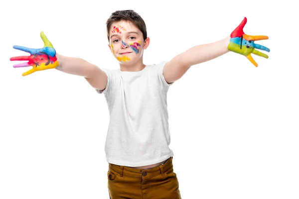 Estudante Mostrando Mãos Pintadas Com Ícones Sorridentes Isolados Branco — Fotografia de Stock