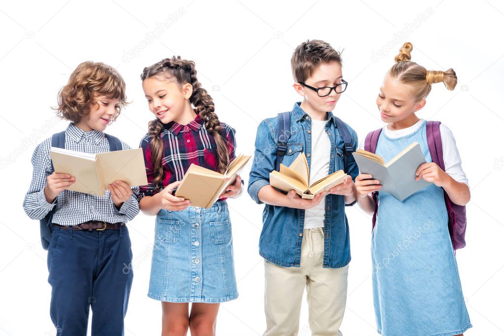 friends standing and reading books isolated on white