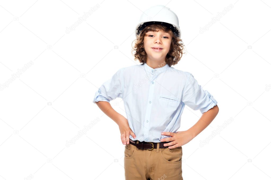 schoolboy in costume of architect and helmet isolated on white