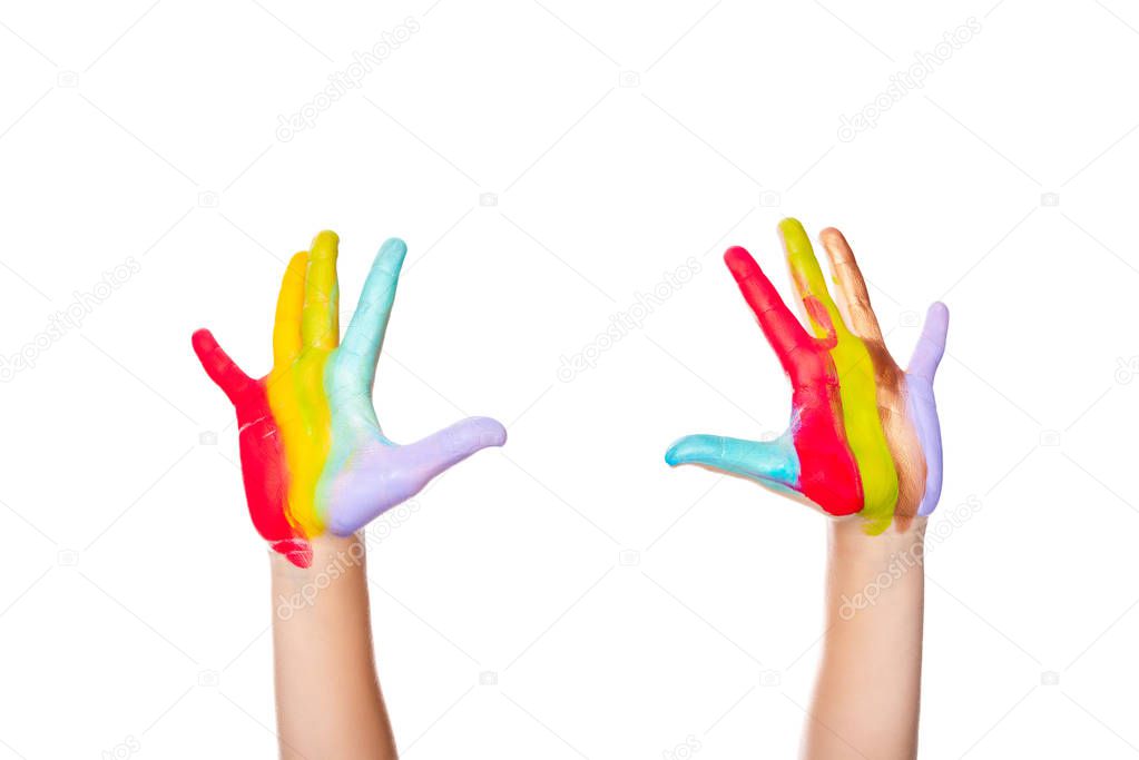 cropped image of schoolboy showing painted hands isolated on white