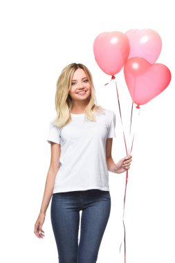mutlu çekici kız beyaz izole kalp şeklinde balon demeti holding beyaz gömlekli