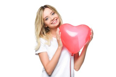 attractive girl in white shirt holding heart shaped balloon isolated on white clipart