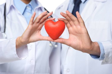 partial view of two doctors holding red heart in hands, isolated on white
