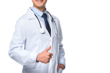 atış genç doktorun izole üzerinde beyaz başparmak gösterilen kırpılmış