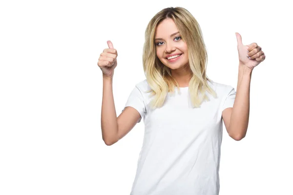 Portrait Attractive Girl White Shirt Showing Thumbs Isolated White — Stock Photo, Image