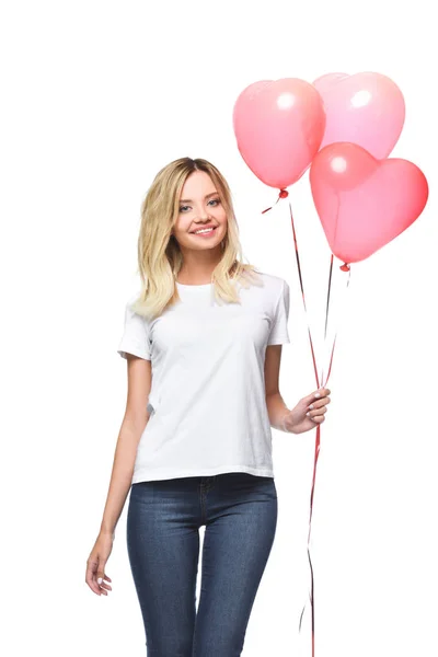 Chica Atractiva Feliz Camisa Blanca Sosteniendo Manojo Globos Forma Corazón — Foto de Stock