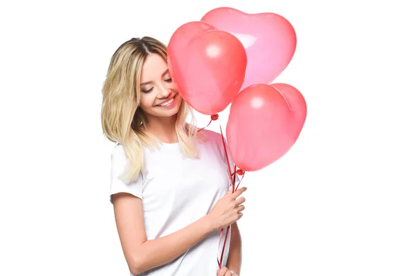 Menina Atraente Camisa Branca Segurando Pacote Balões Forma Coração Isolado — Fotografia de Stock