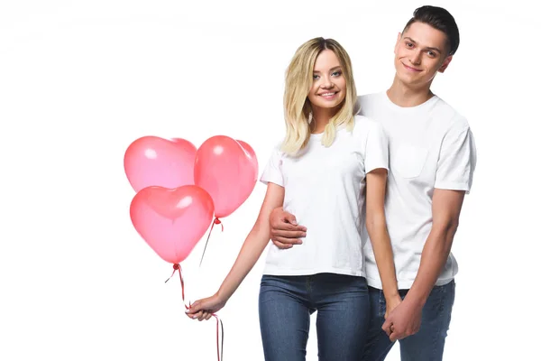 Pareja Pie Con Manojo Globos Forma Corazón Aislados Blanco — Foto de Stock