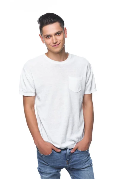 Homem Bonito Camisa Branca Olhando Para Câmera Isolada Branco — Fotografia de Stock