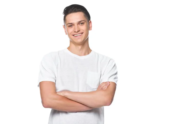 Bonito Sorrindo Homem Com Braços Cruzados Camisa Branca Isolado Branco — Fotografia de Stock