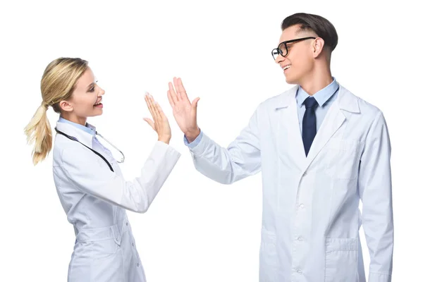 General Practitioners White Coats Giving Highfive Isolated White — Free Stock Photo