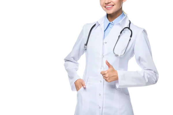 Cropped View Doctor White Coat Stethoscope Showing Thumb Isolated White — Free Stock Photo