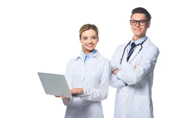 Smiling General Practitioners Using Laptop Isolated White — Stock Photo, Image