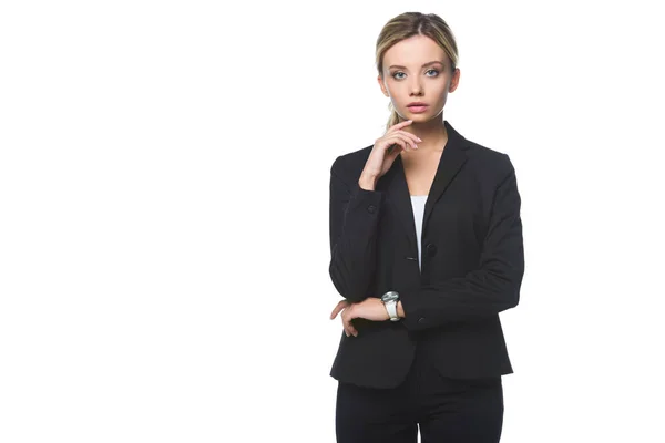 Thoughtful Young Businesswoman Looking Camera Isolated White — Stock Photo, Image