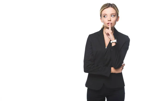 Stylish Young Businesswoman Showing Silence Sign Isolated White — Stock Photo, Image