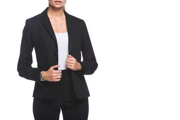 Cropped Shot Young Businesswoman Stylish Black Suit Isolated White — Stock Photo, Image