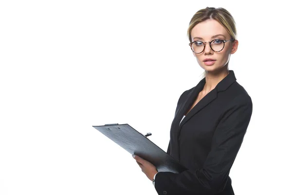 Confident Young Businesswoman Holding Clipboard Looking Camera Isolated White — Stock Photo, Image