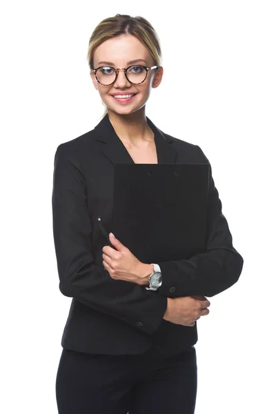 Smiling Young Businesswoman Holding Clipboard Looking Camera Isolated White — Free Stock Photo