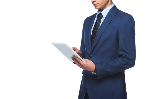 Cropped Shot Young Businessman Stylish Blue Jacket Using Tablet Isolated — Stock Photo, Image