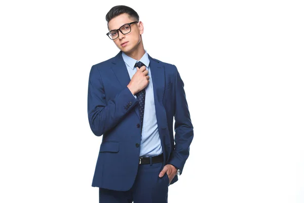 Stílusos Kék Kabát Elszigetelt Fehér Vonzó Fiatal Üzletember — Stock Fotó