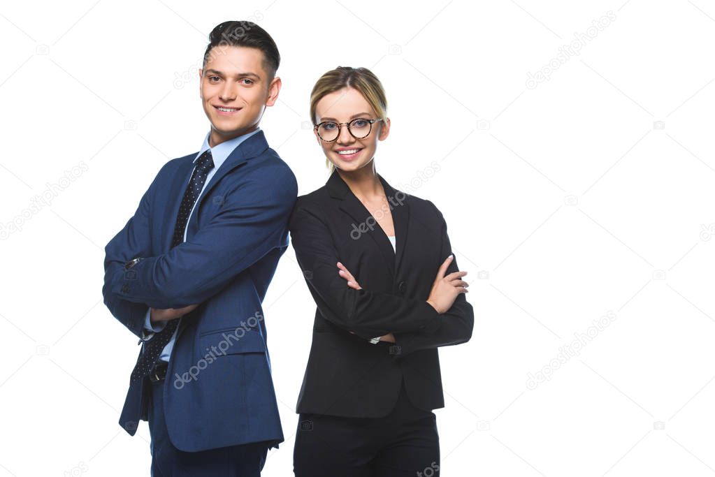smiling successful business partners with crossed arms looking at camera isolated on white