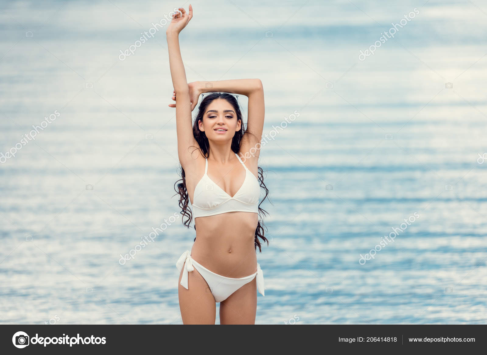 Beautiful Girl Posing White Bikini Sea Stock Photo By, 52% OFF