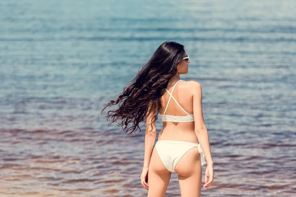 Back View Slim Young Woman Posing Bikini Sea Resort — Free Stock Photo
