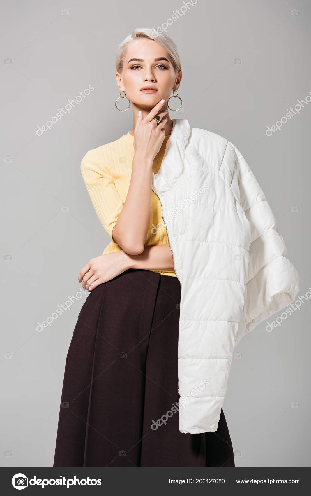 Stylish Female Model Posing Jacket Shoulder Isolated Grey Background ...