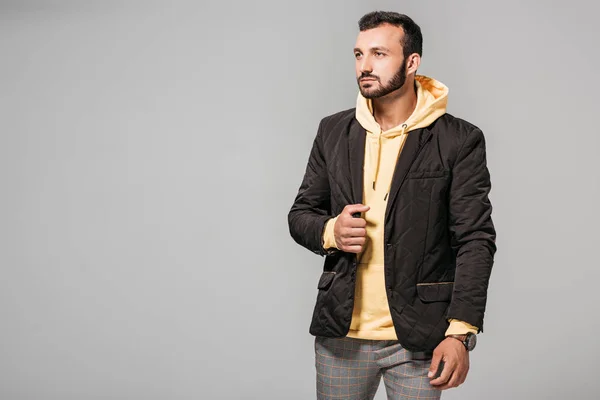 Handsome Male Model Stylish Autumn Outfit Looking Away Isolated Grey — Stock Photo, Image