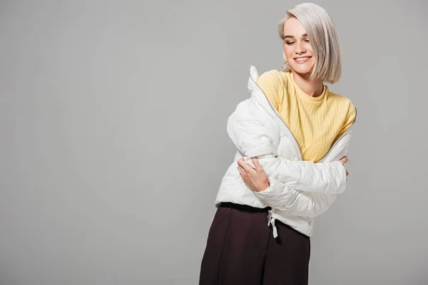 Happy Young Woman Stylish White Jacket Posing Isolated Grey Background — Stock Photo, Image