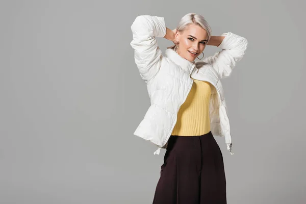 Happy Female Model Stylish Autumn Jacket Posing Raised Arms Isolated — Stock Photo, Image