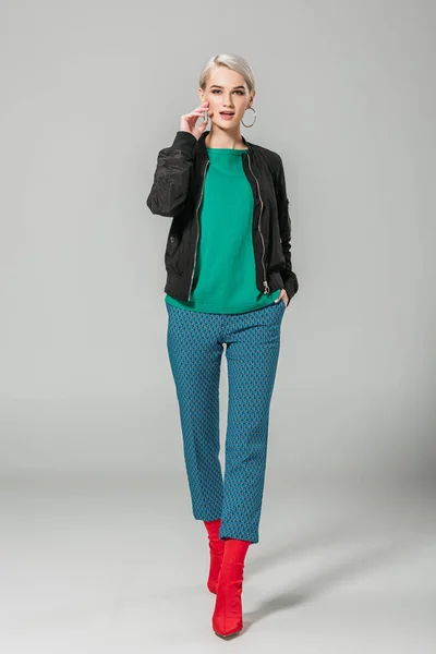 Fashionable Woman Black Jacket Red Boots Posing Grey Background — Stock Photo, Image