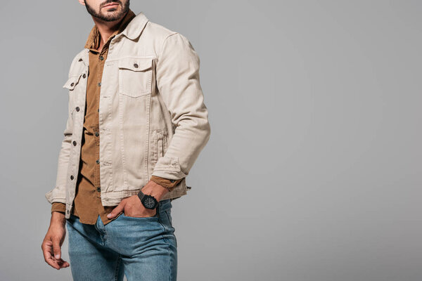 обрезанный вид мужской модели в стильном осеннем наряде, изолированный на сером
