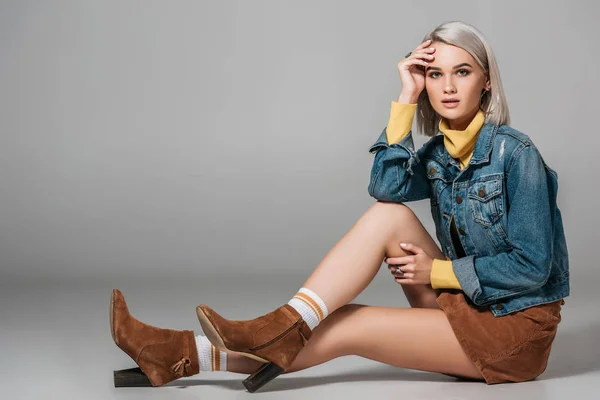 Beautiful Model Trendy Corduroy Skirt Jeans Jacket Sitting Floor Grey — Stock Photo, Image