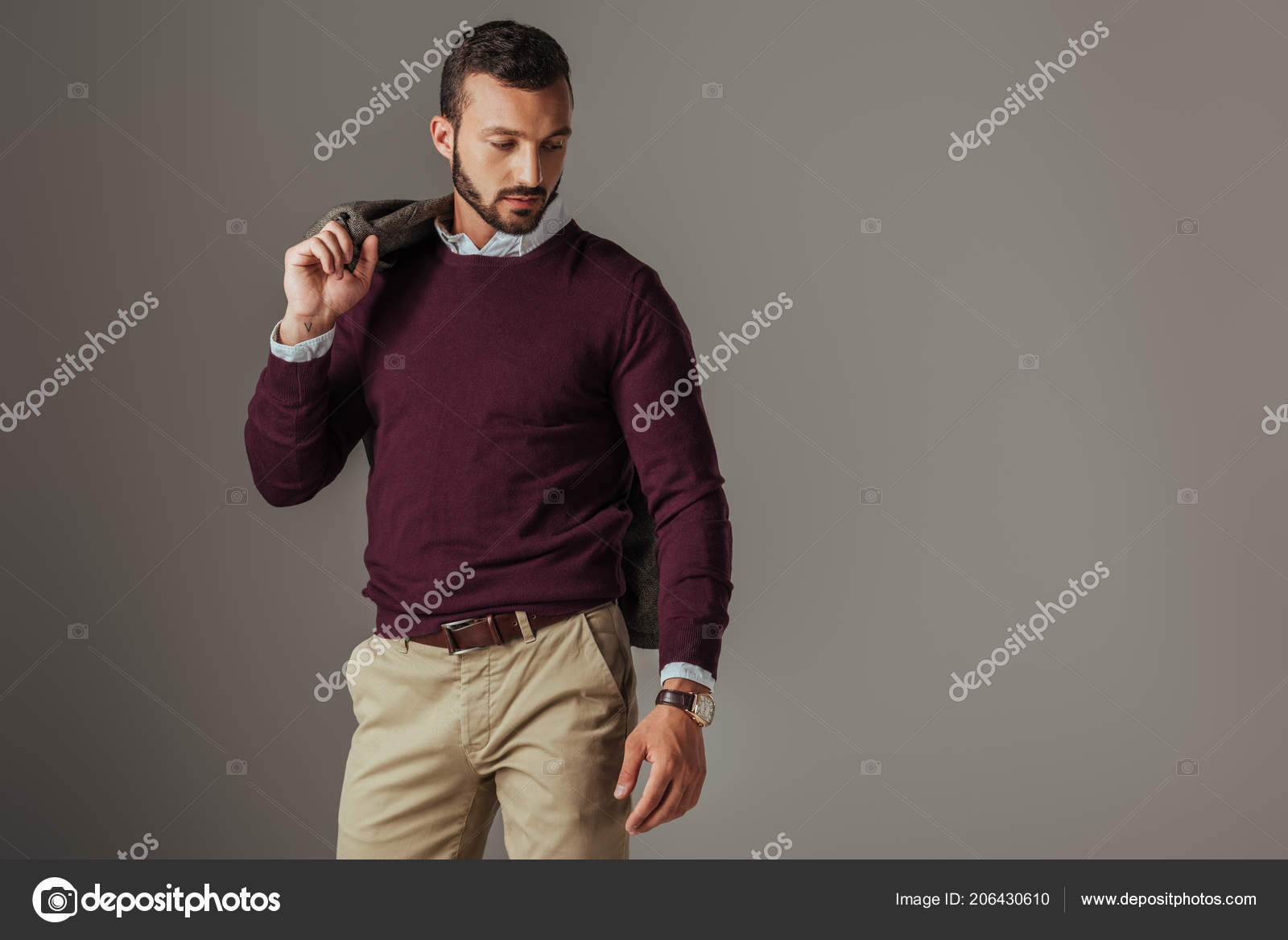 Stylish Handsome Man Posing Burgundy Sweater Jacket Shoulder
