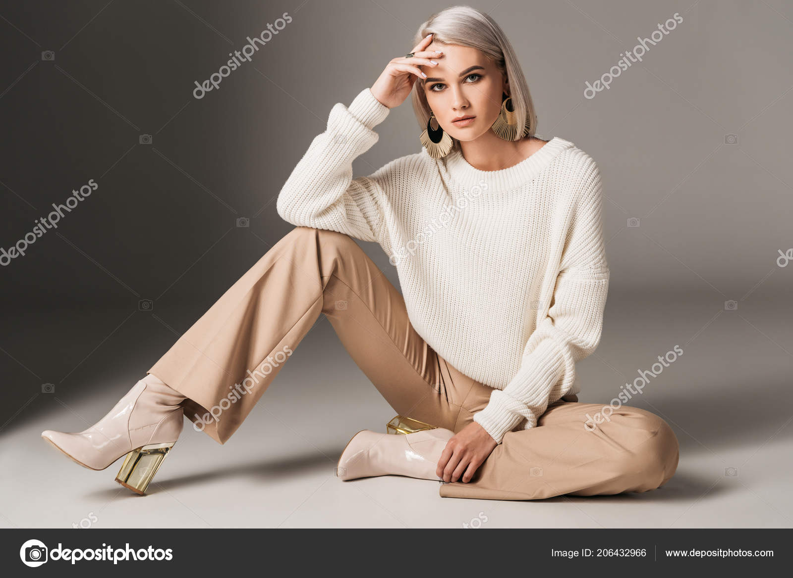 Attractive Fashionable Woman Posing White Trendy Sweater Beige Pants ...