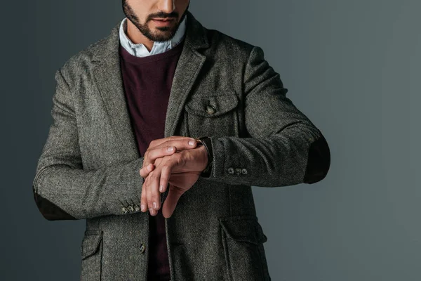 Cropped View Bearded Man Tweed Jacket Looking Watch Isolated Grey — Stock Photo, Image