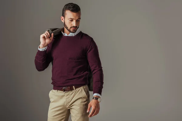 Stylish Handsome Man Posing Burgundy Sweater Jacket Shoulder Isolated Grey — Stock Photo, Image