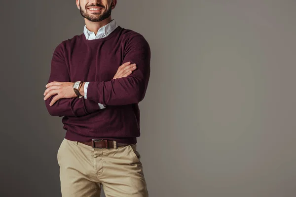 Cropped View Man Posing Burgundy Sweater Crossed Arms Isolated Grey — Stock Photo, Image