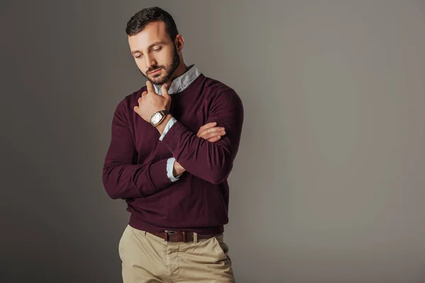 Thoughtful Handsome Male Model Posing Burgundy Sweater Isolated Grey — Stock Photo, Image